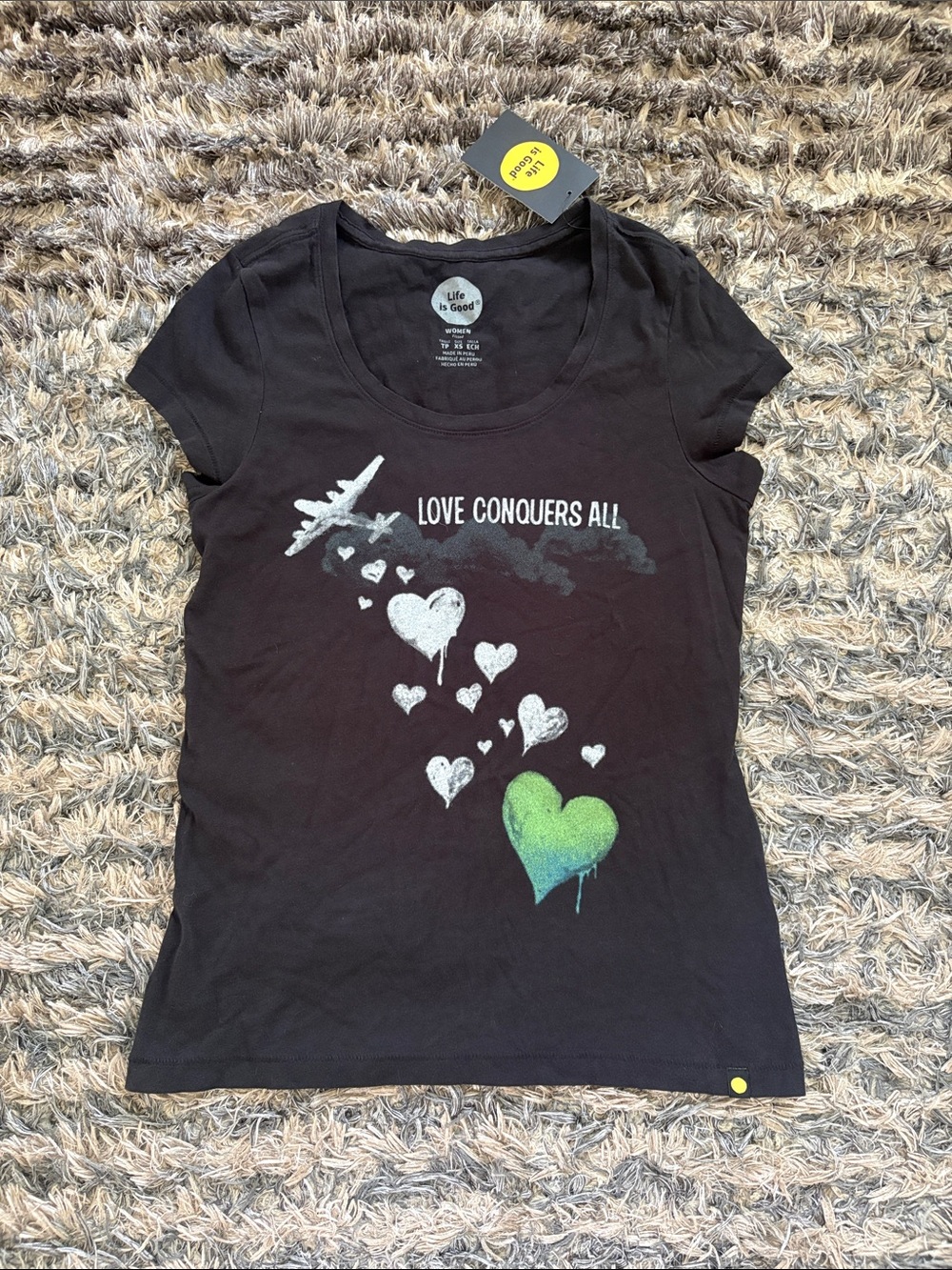 NWT Life Is Good Fitted Tee XS Love Conquers All Airplane Graphic Top Black